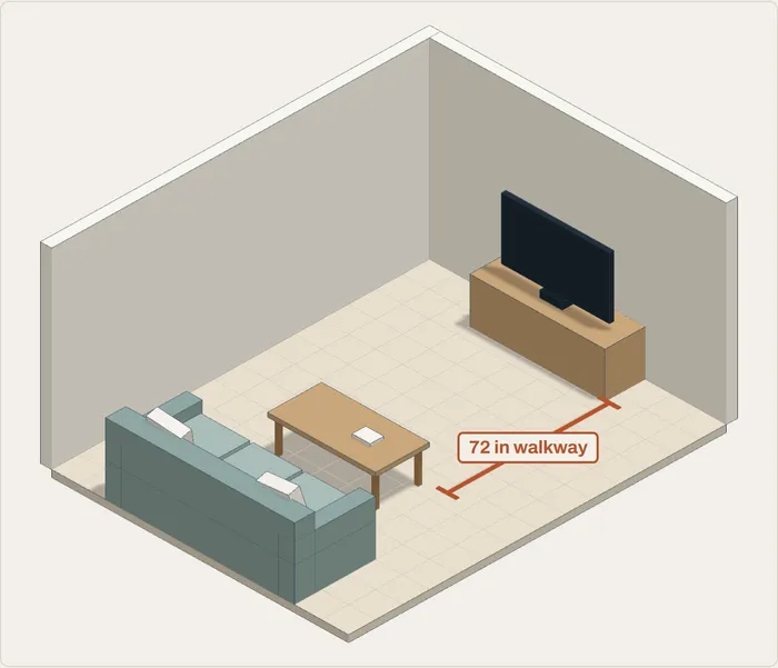 The living room layout calculator: a 3D room with a sofa, coffee table and TV console, and the walkway measured in inches