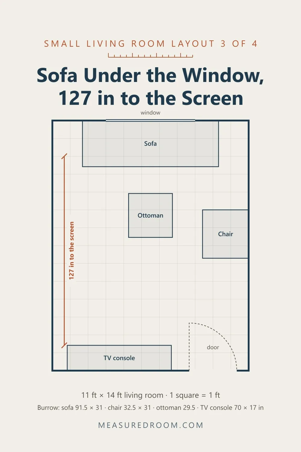 Small living room layout 3: sofa under the window, 127 inches to the screen