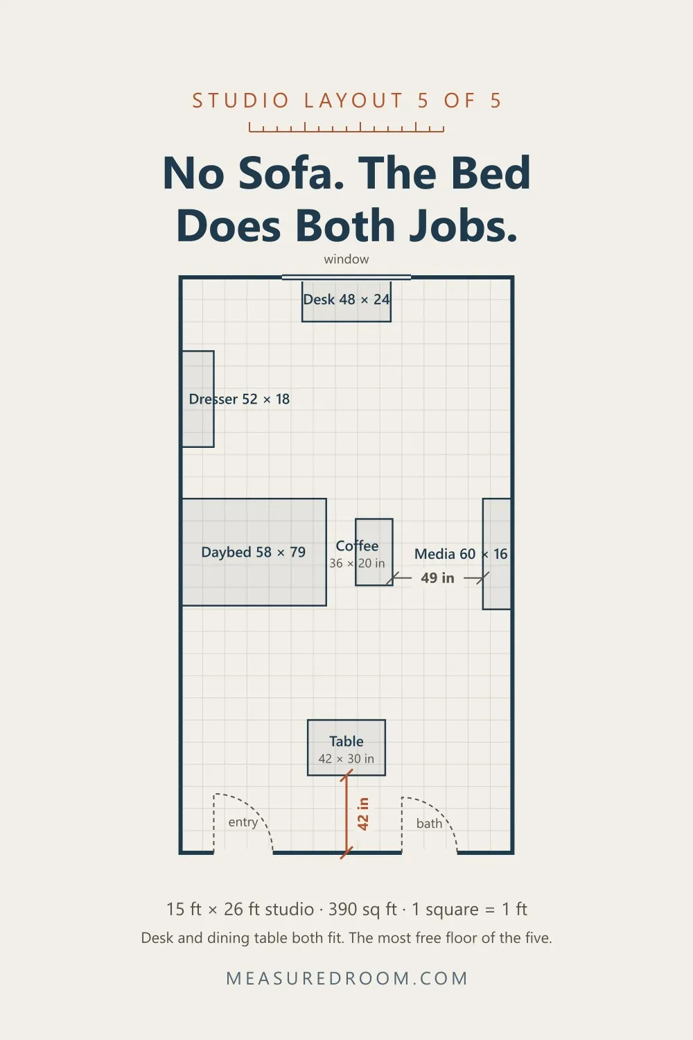 Studio layout 5: a full bed against the long wall doubling as seating, with both a desk and a dining table.